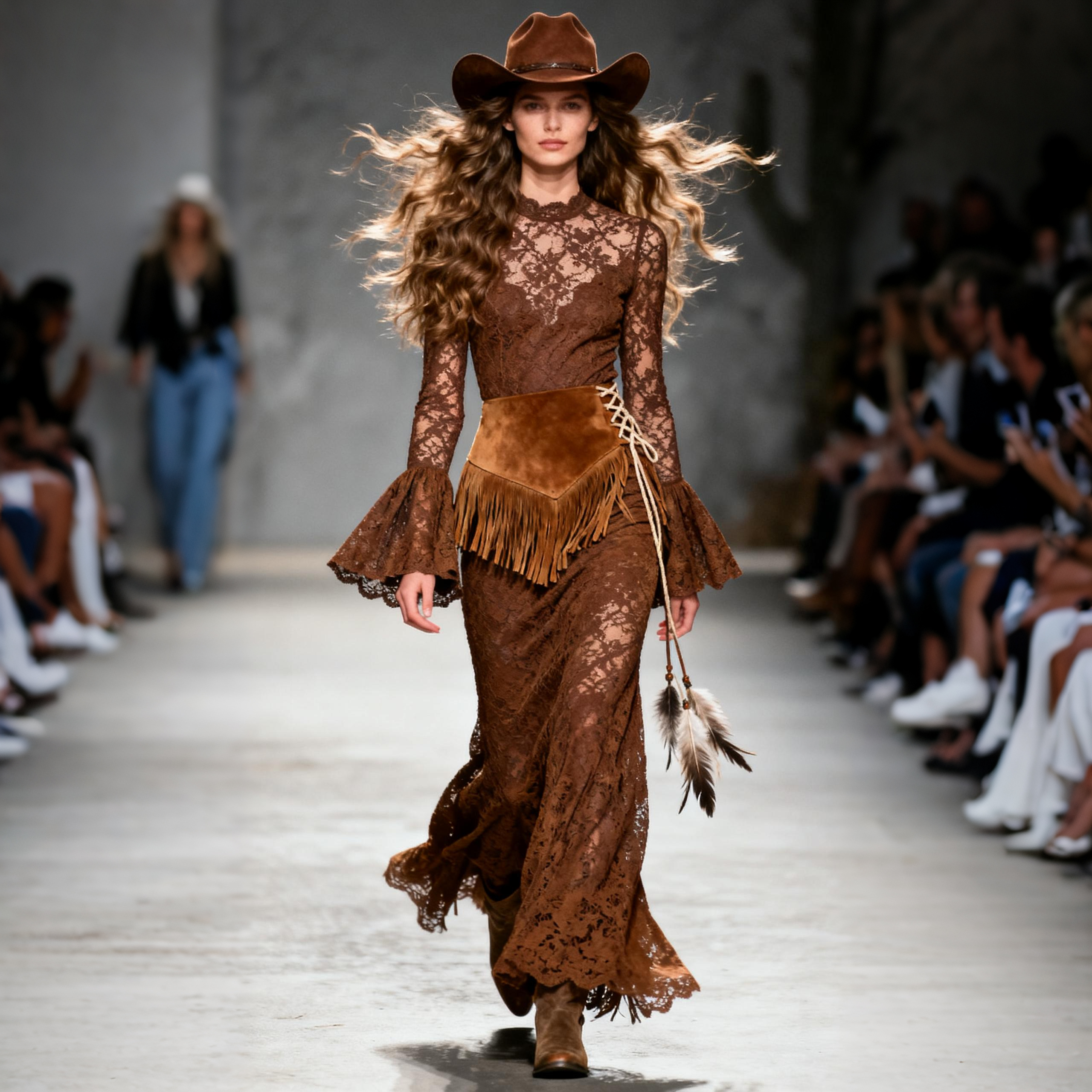 Women's Retro High Neck Trumpet Sleeve Long Lace Dress