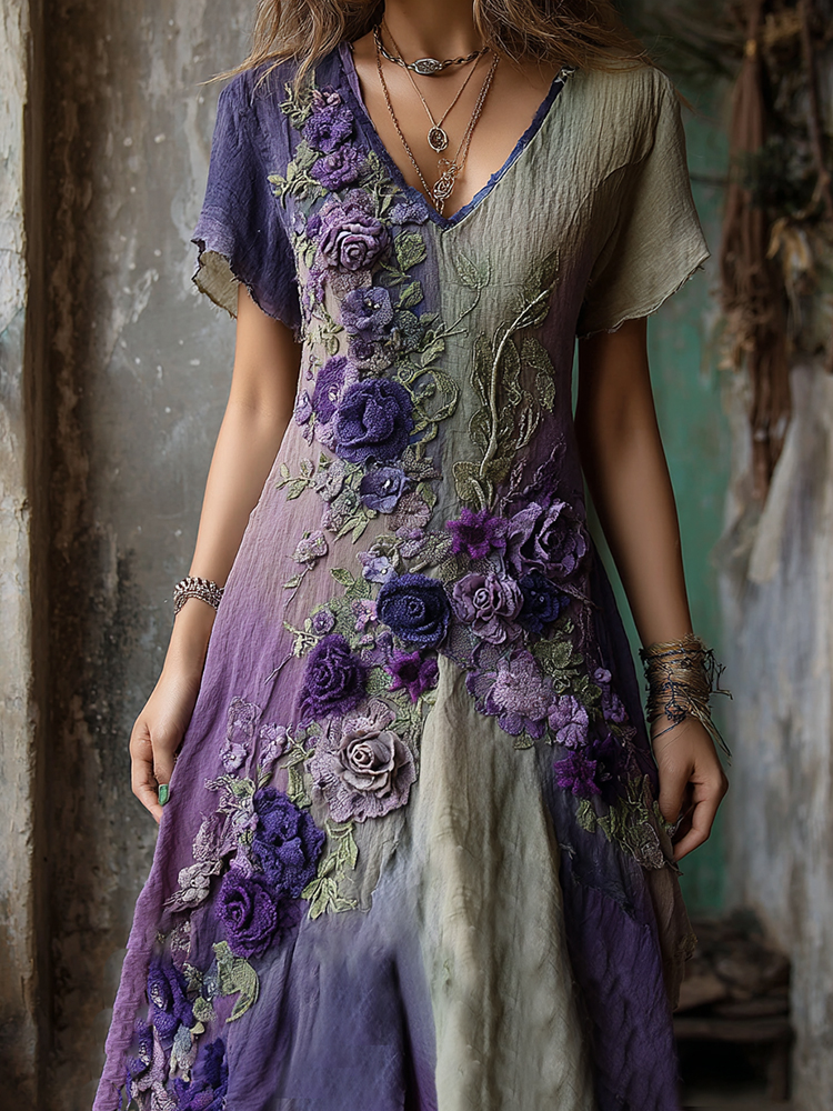 Classy Gradient Purple Lavender And Floral Embroidered Linen Maxi Dress
