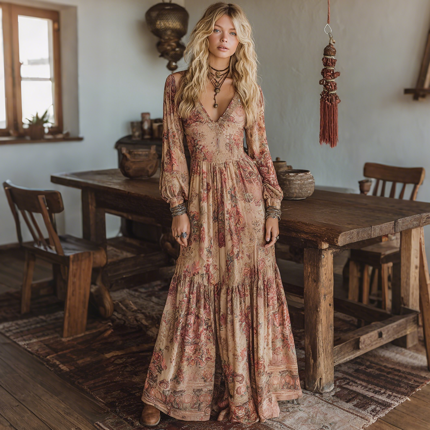 Elegant Retro Printed Long-sleeved Dress