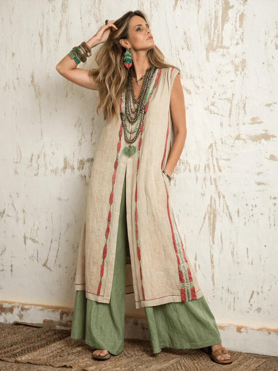 Women's cotton and linen long vest suit
