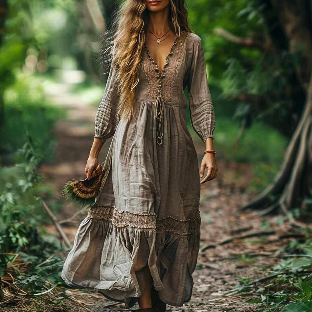 Women's Bohemian Linen Ethnic Loose Maxi Long Dress