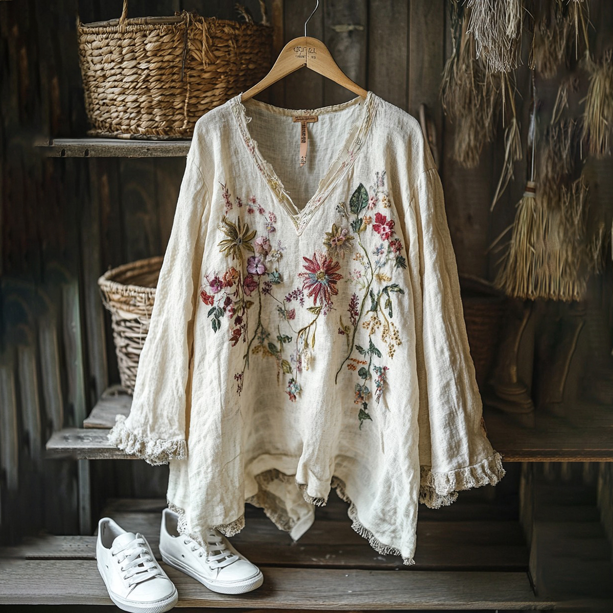 Vintage Floral Embroidery Art Graphics Linen Blend V-neck Tunic