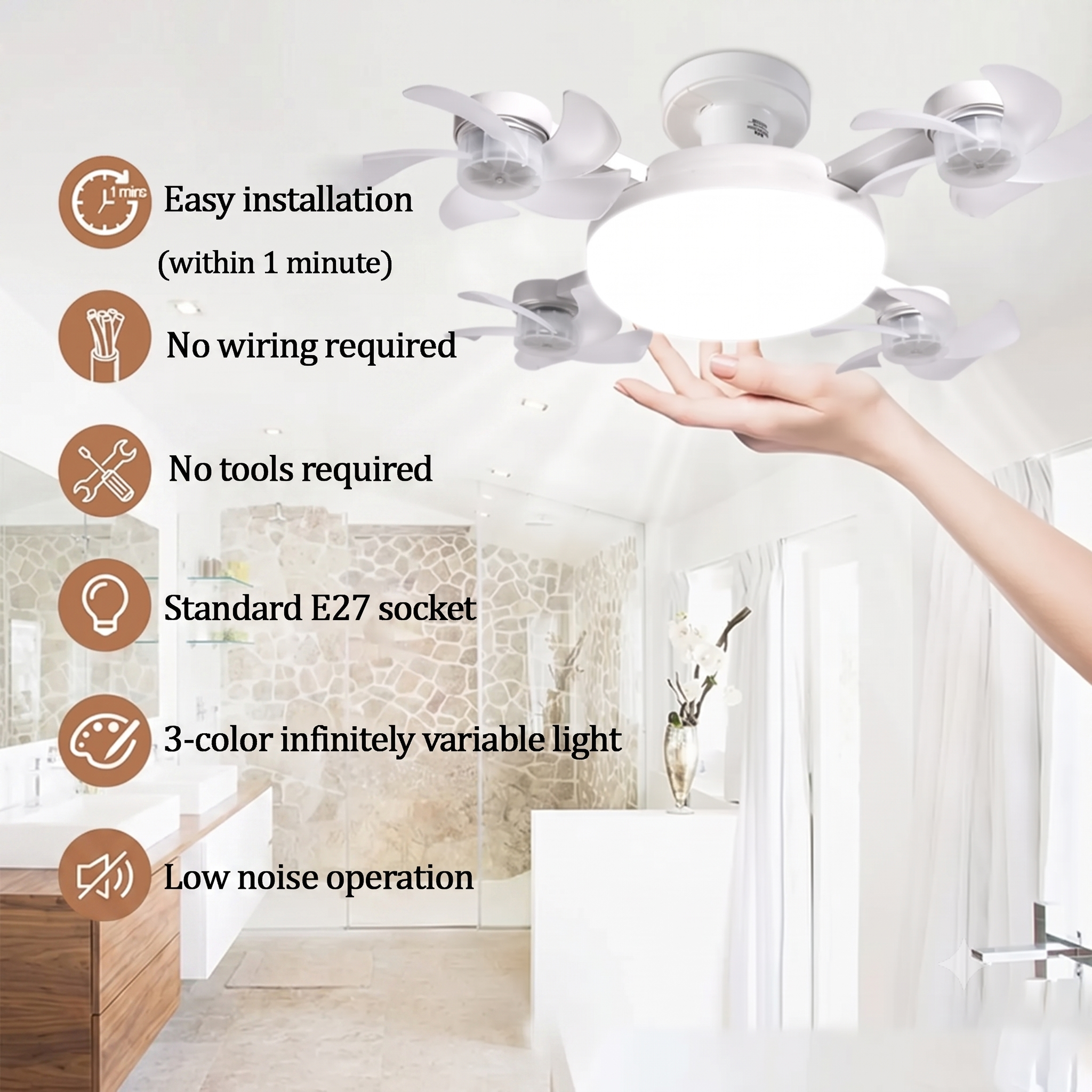 2-in-1 Socket Fan Light – 3-Color Dimmable LED Ceiling Fan with Remote
