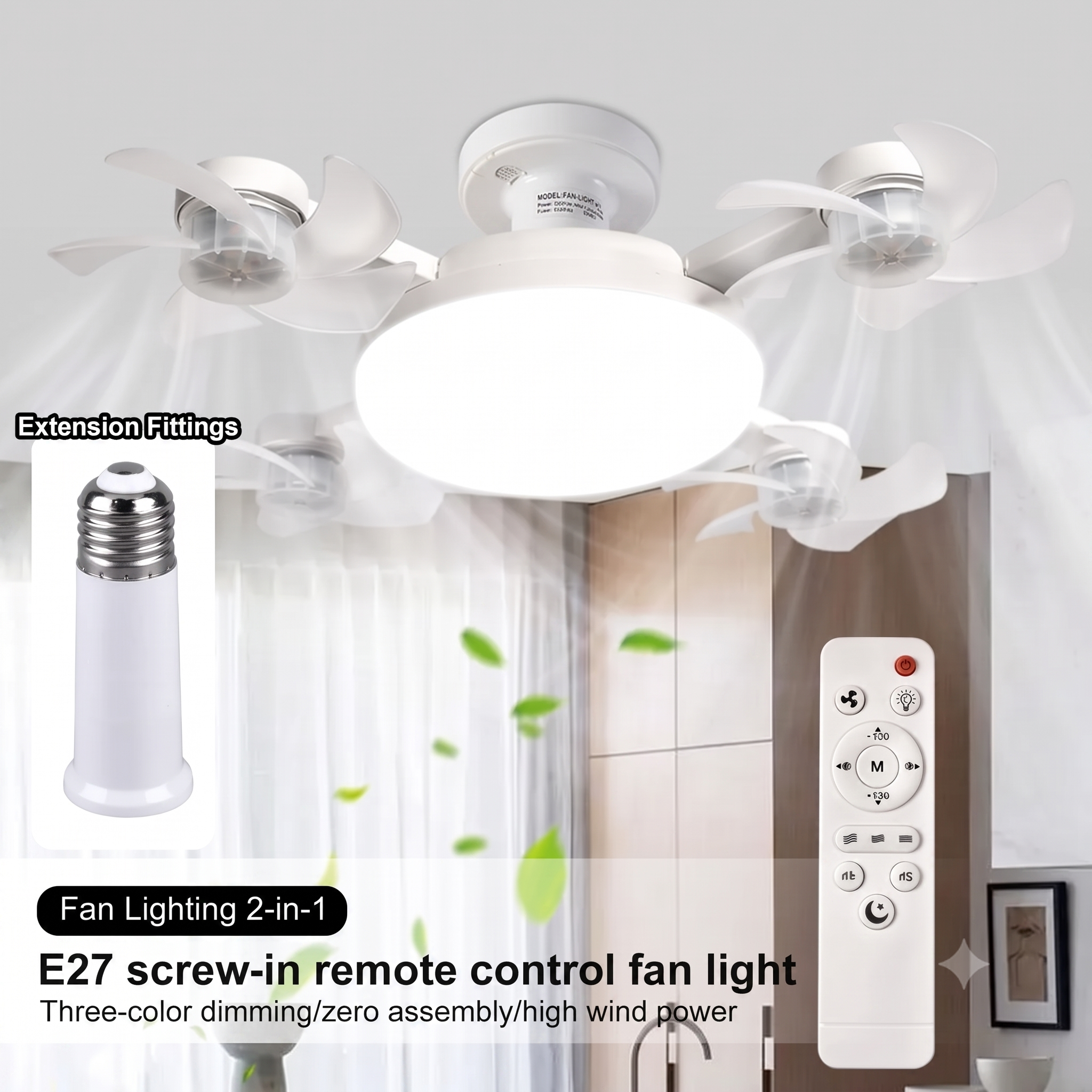 2-in-1 Socket Fan Light – 3-Color Dimmable LED Ceiling Fan with Remote