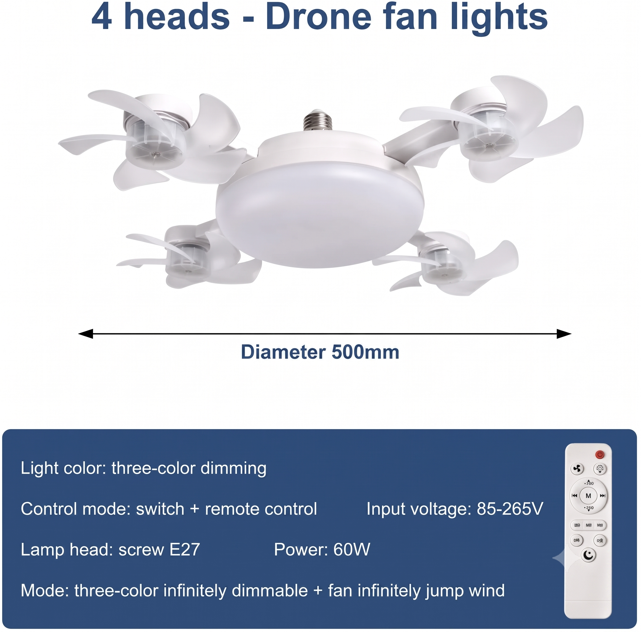 2-in-1 Socket Fan Light – 3-Color Dimmable LED Ceiling Fan with Remote