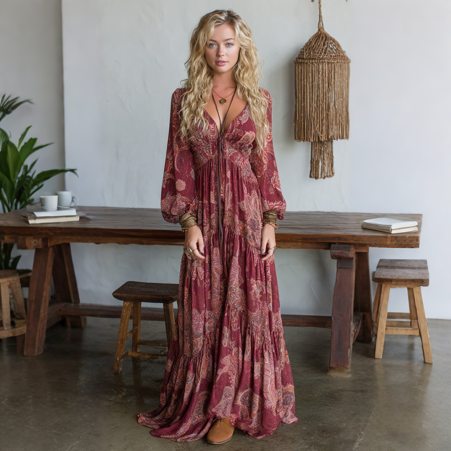 Elegant Paisley Print Long Sleeve Maxi Dress