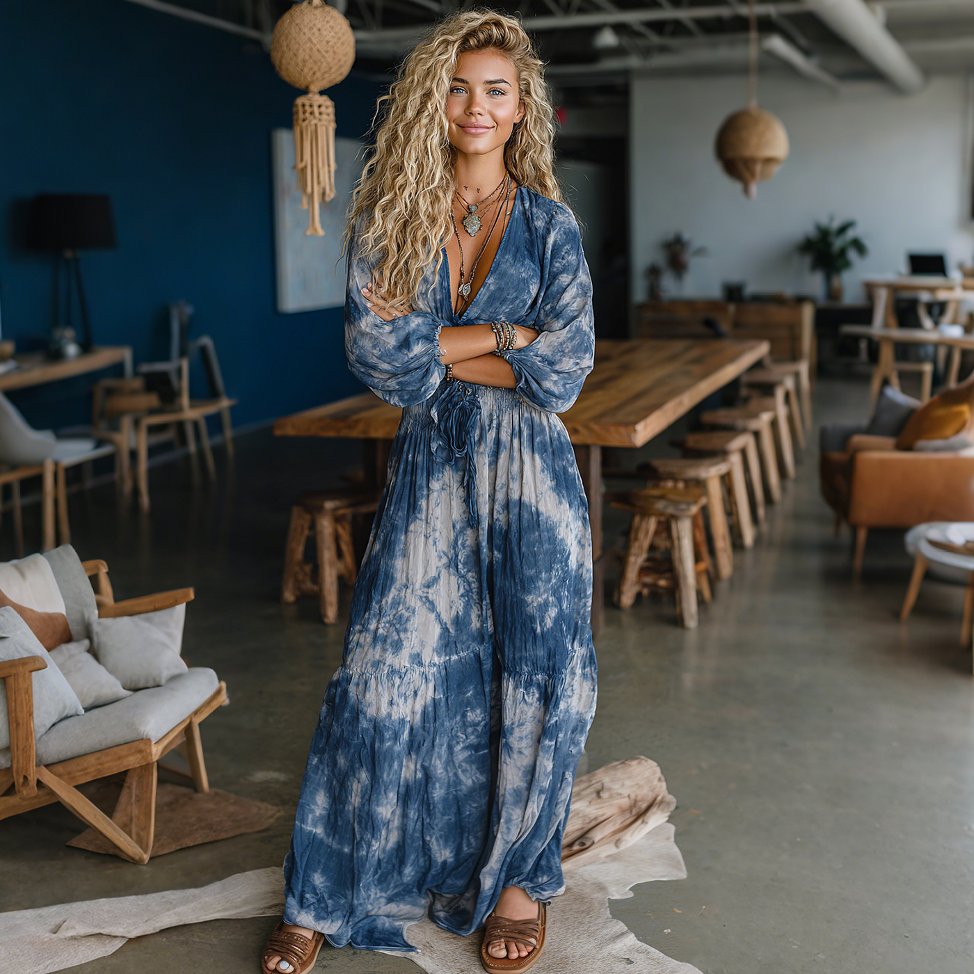 Elegant Tie-dye Printed Long-sleeved Dress