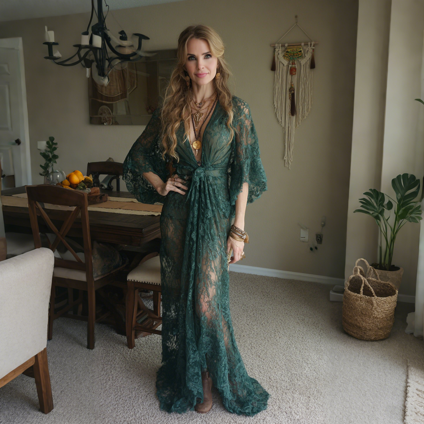 Elegant V-neck High Waist Lace Flared Long Sleeve Dress