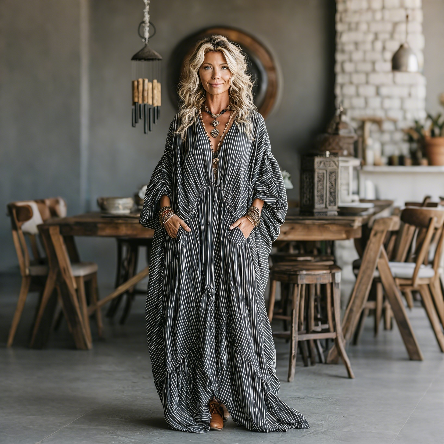 Elegant Striped Print Long-sleeved Dress