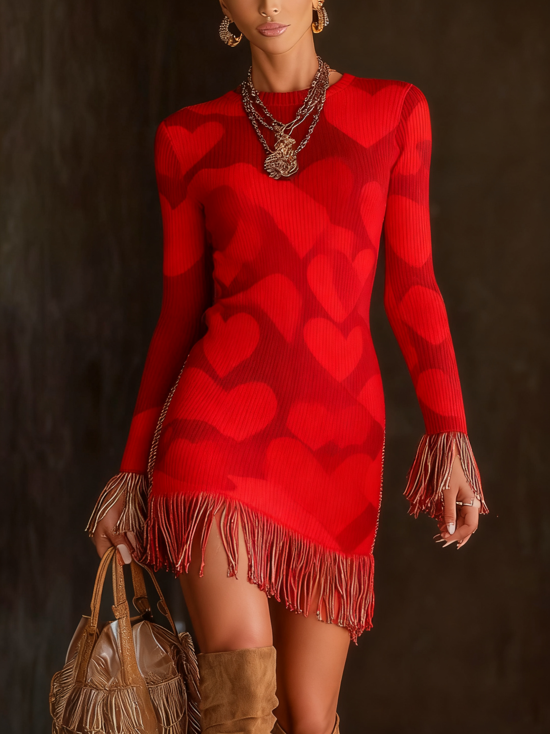 Print Textured Knitted Tassel Long Sleeve Mini Dress