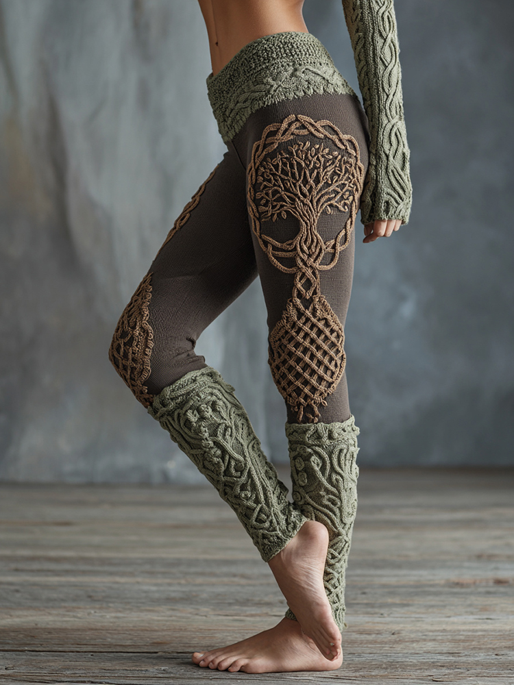 Vintage Tree Of Life Pattern Celtic Knit Cozy Leggings