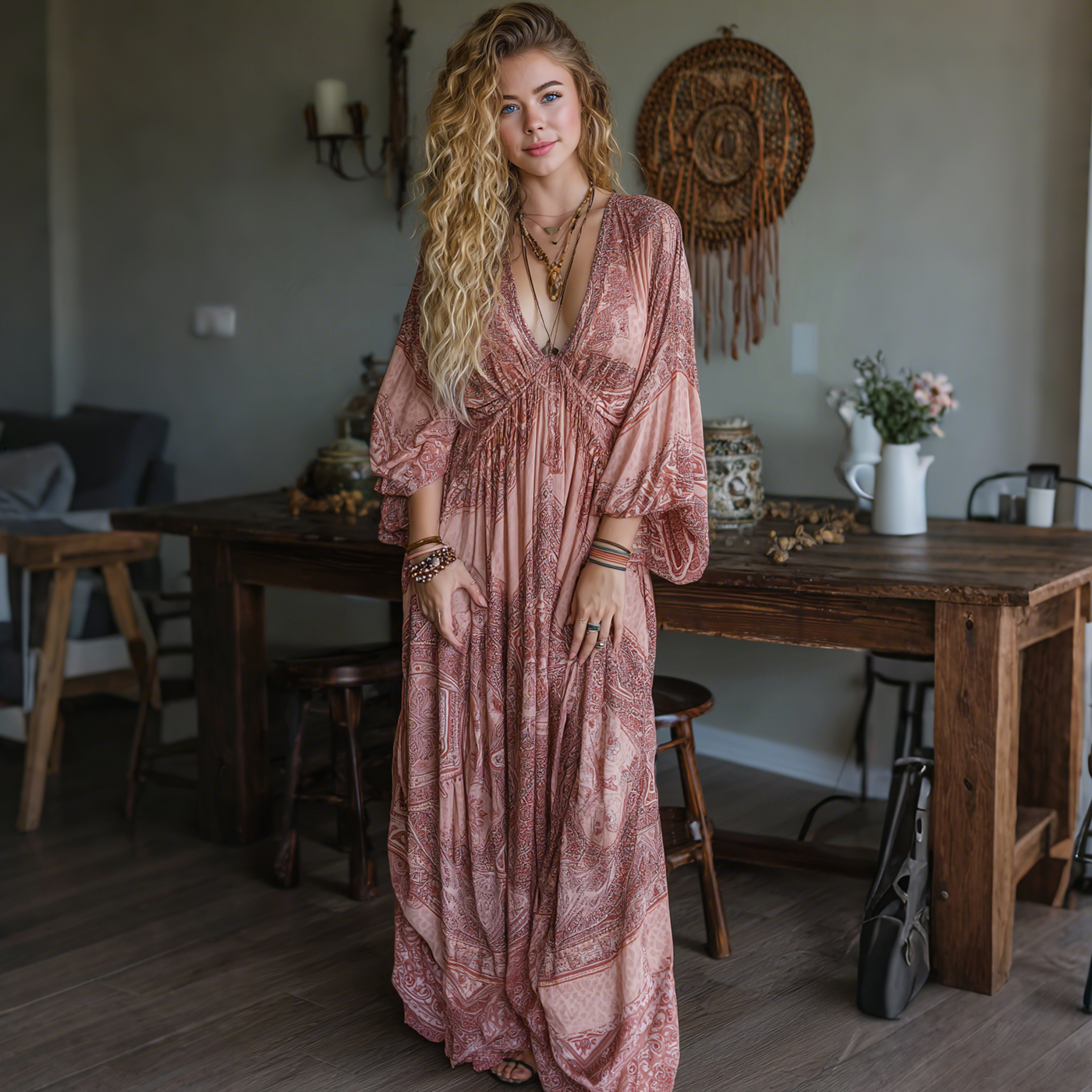 Elegant Paisley Print Long Sleeve Maxi Dress
