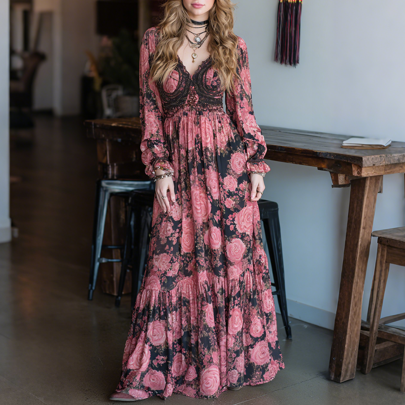 Elegant Rose Print Long Sleeve Maxi Dress