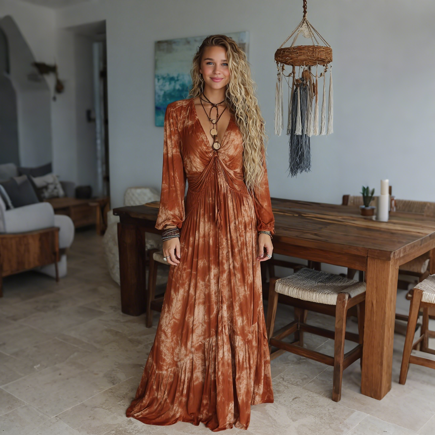 Elegant Tie-dye Printed Long-sleeved Dress