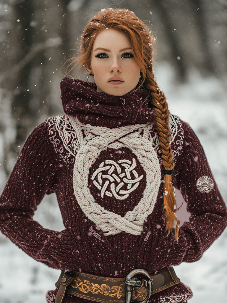 Women's Viking Tribal Jacquard Celtic Inspired Chunky Knit Hooded Sweater