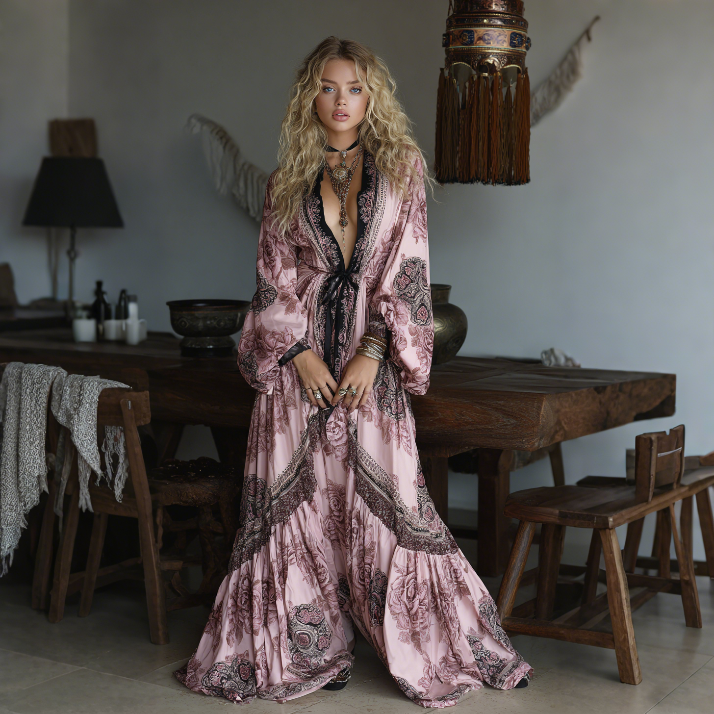 Elegant Paisley Print Long Sleeve Maxi Dress