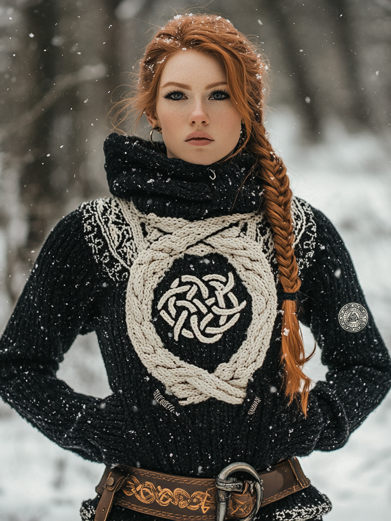 Women's Viking Tribal Jacquard Celtic Inspired Chunky Knit Hooded Sweater