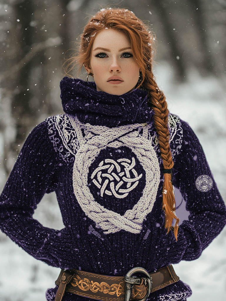 Women's Viking Tribal Jacquard Celtic Inspired Chunky Knit Hooded Sweater