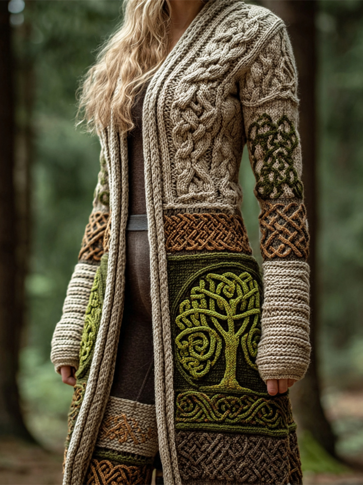 Viking Celtic Tree Art Women's Knitted Long Cardigan