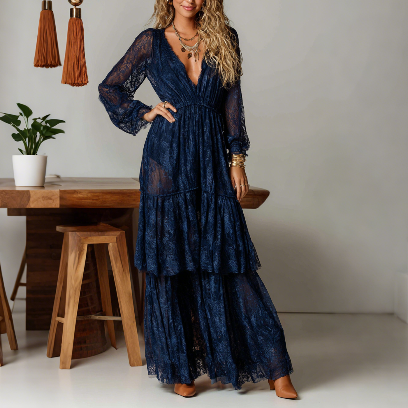 Elegant V-neck High Waist Lace Flared Long Sleeve Dress