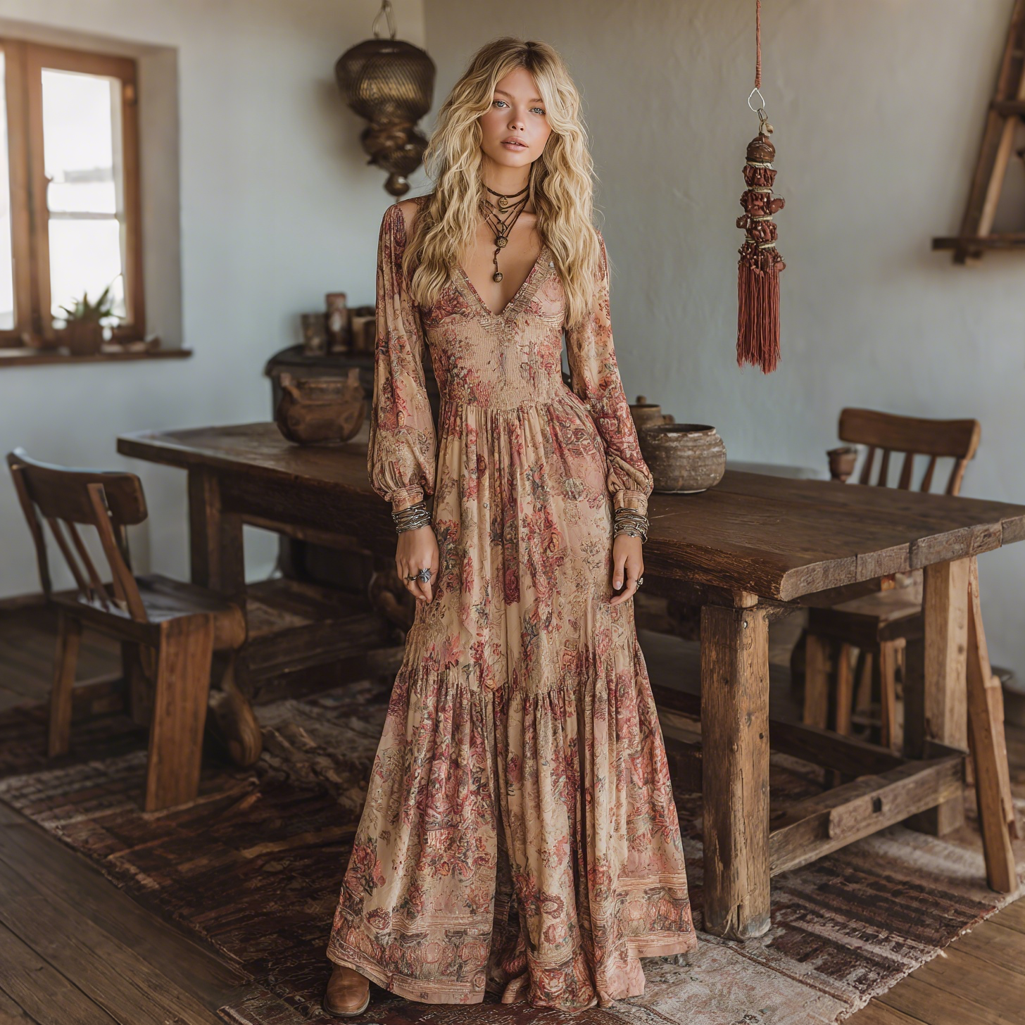 Elegant Retro Printed Long-sleeved Dress