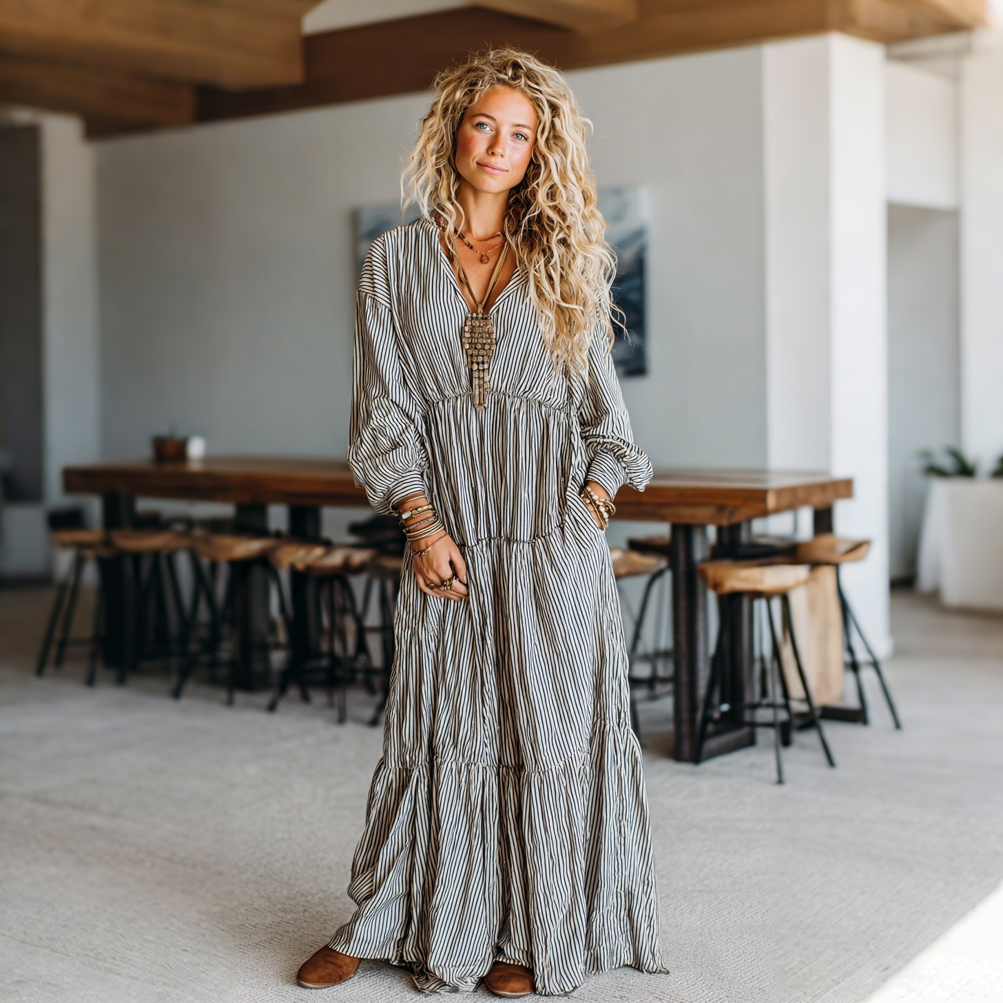 Elegant Striped Print Long-sleeved Dress