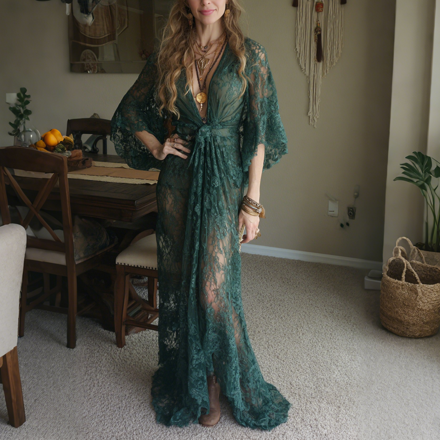 Elegant V-neck High Waist Lace Flared Long Sleeve Dress