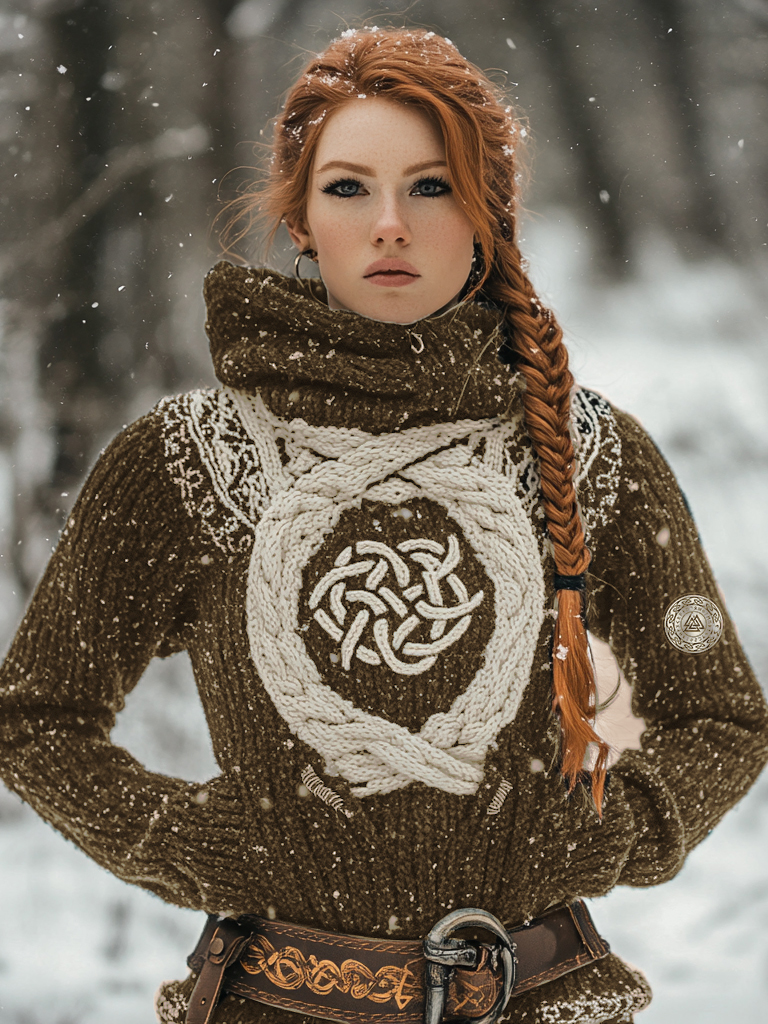 Women's Viking Tribal Jacquard Celtic Inspired Chunky Knit Hooded Sweater