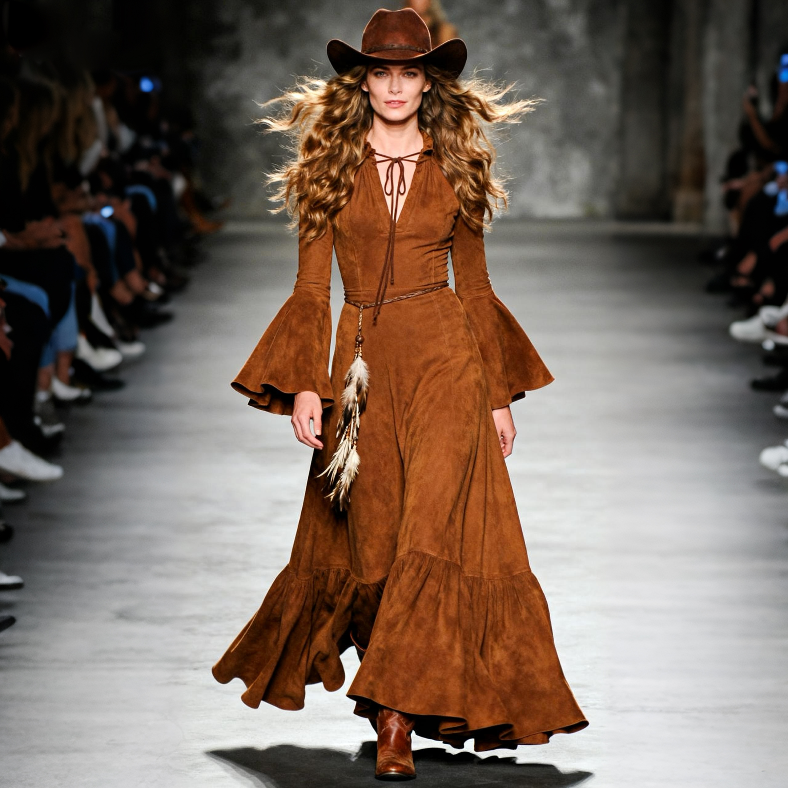 Women's Retro V-neck Lace-up Feather Decorated Trumpet Sleeve Long Dress