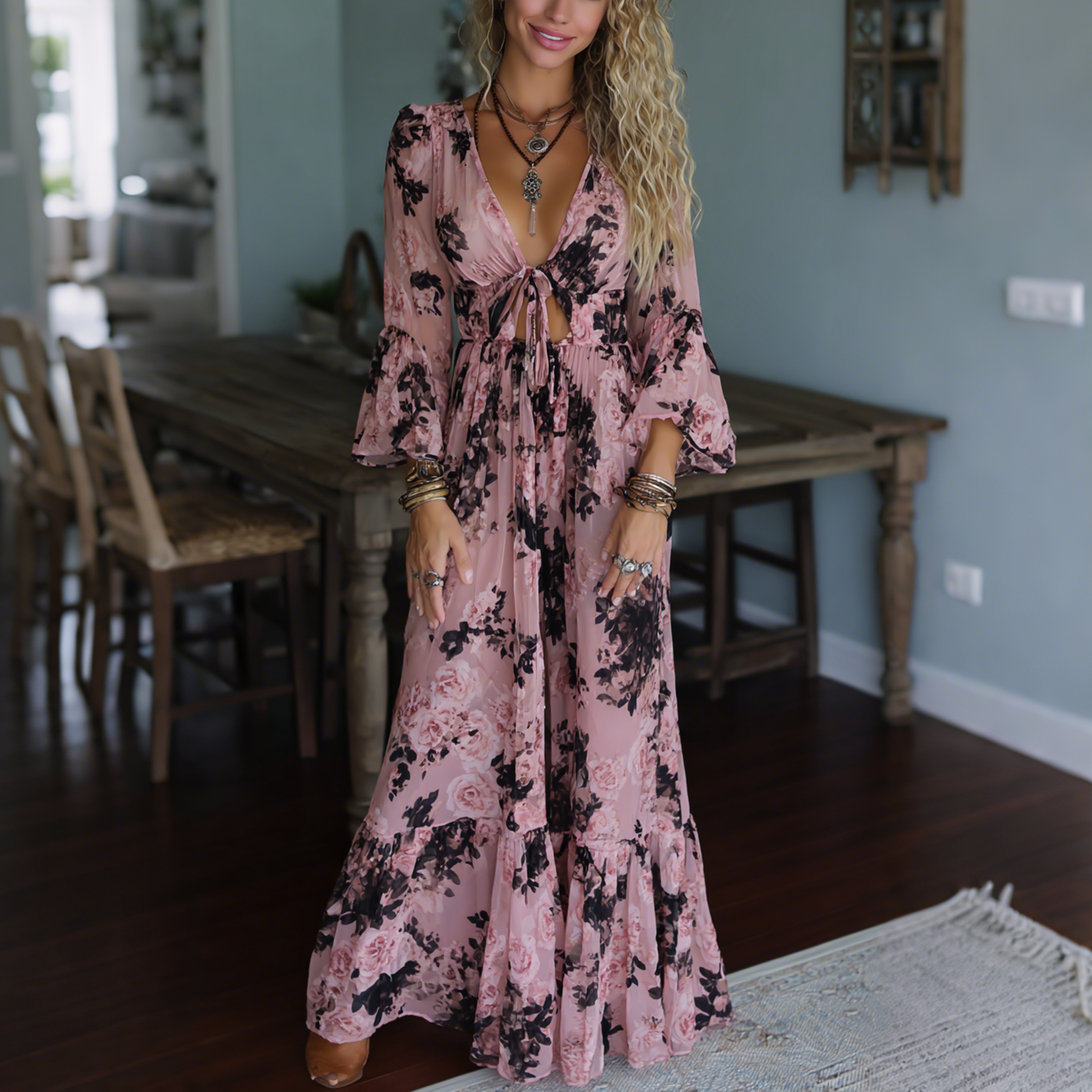 Elegant European Retro Print Long-sleeved Dress