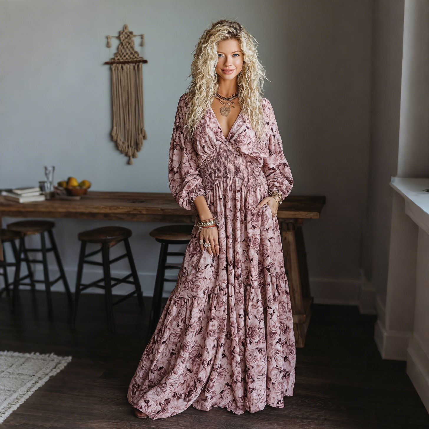 Elegant Rose Floral Print Long Sleeve Dress