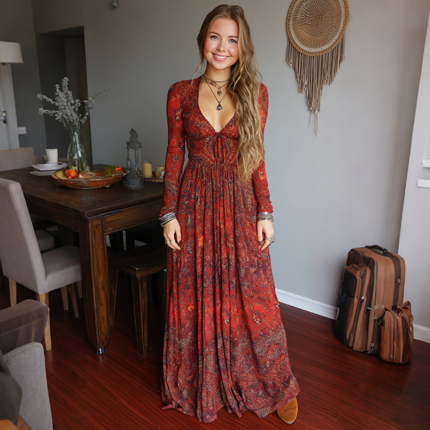 Elegant Paisley Print Long Sleeve Maxi Dress
