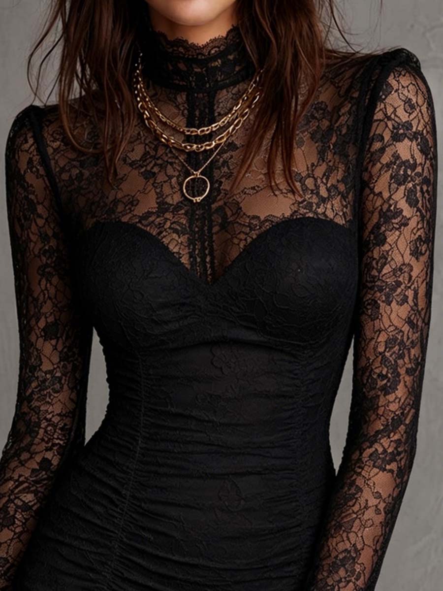 Vintage black floral lace mock neck ruched bodycon mini dress - detail view