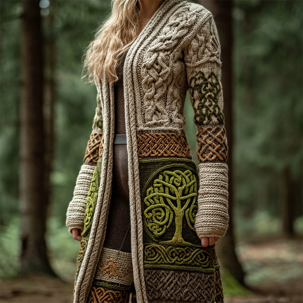 Viking Celtic Tree Art Women's Knitted Long Cardigan