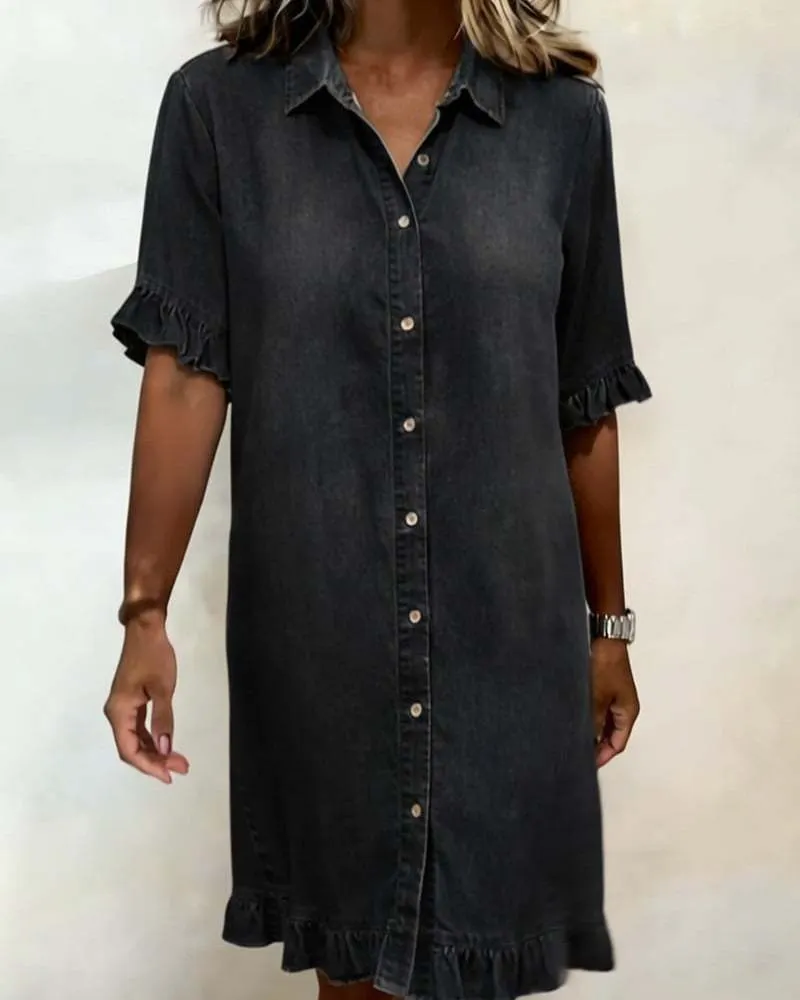 Women's faux denim ruffle-sleeve shirt dress in blue, front view showing full silhouette