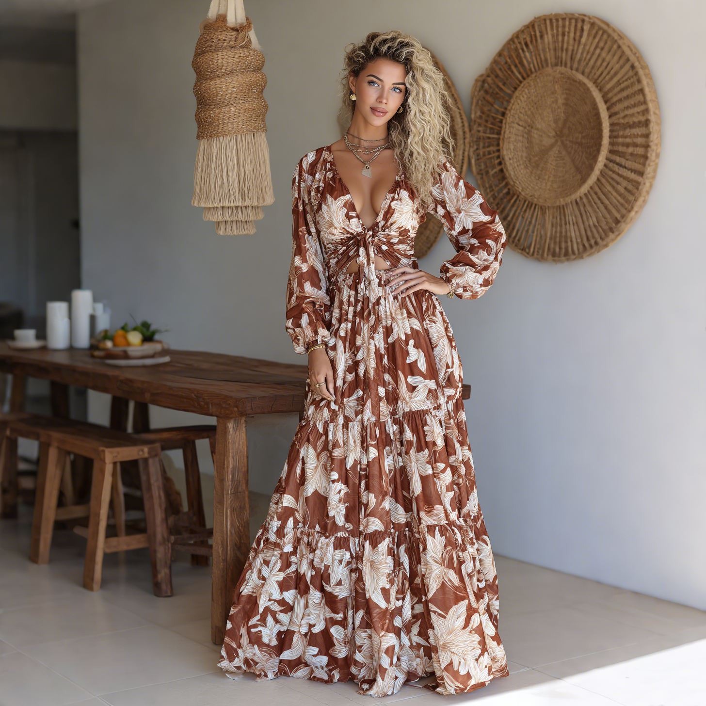 Elegant Lily Print Long Sleeve Maxi Dress
