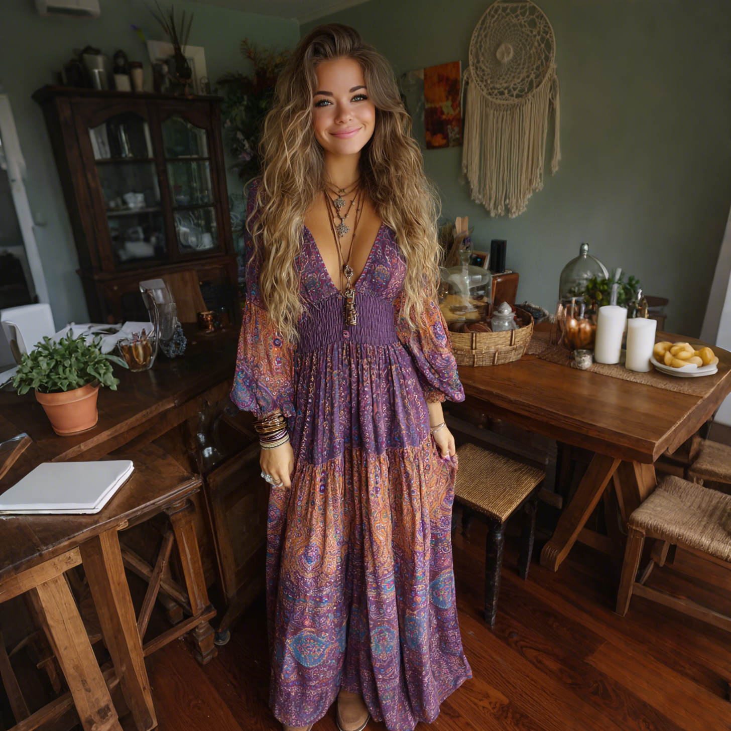 Elegant Paisley Print Long Sleeve Maxi Dress