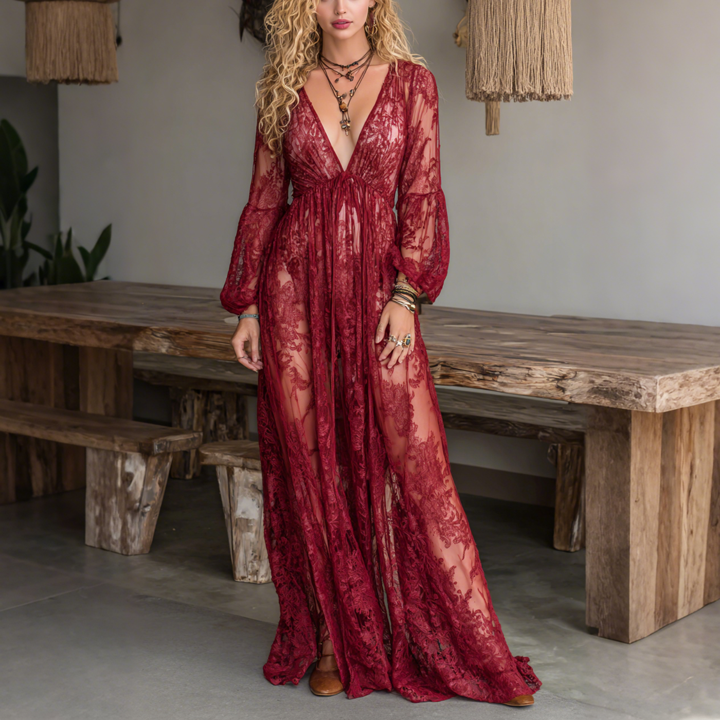 Elegant V-neck High Waist Lace Flared Long Sleeve Dress