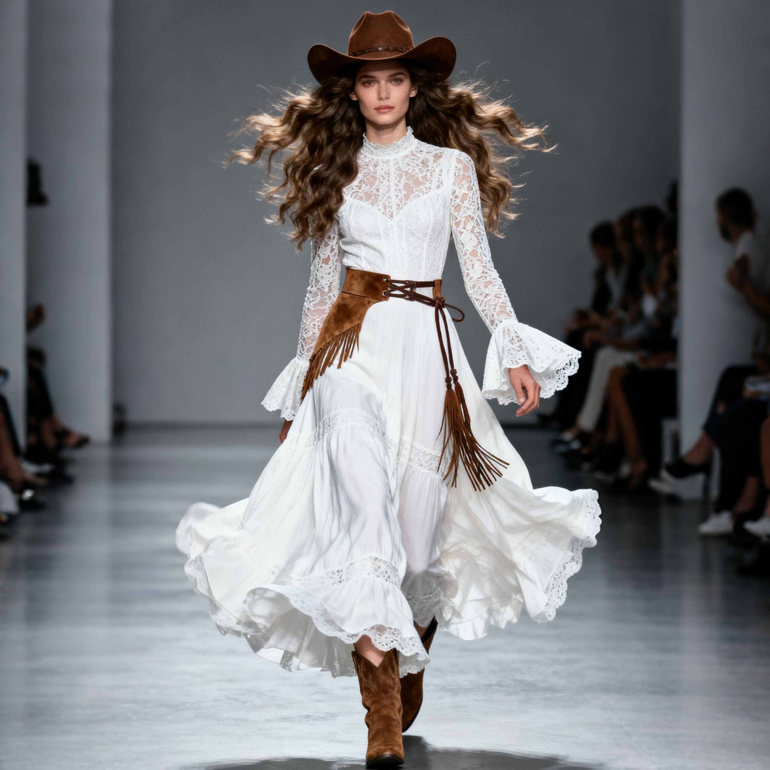 Women's Retro High Neck Trumpet Sleeve Long Lace Dress