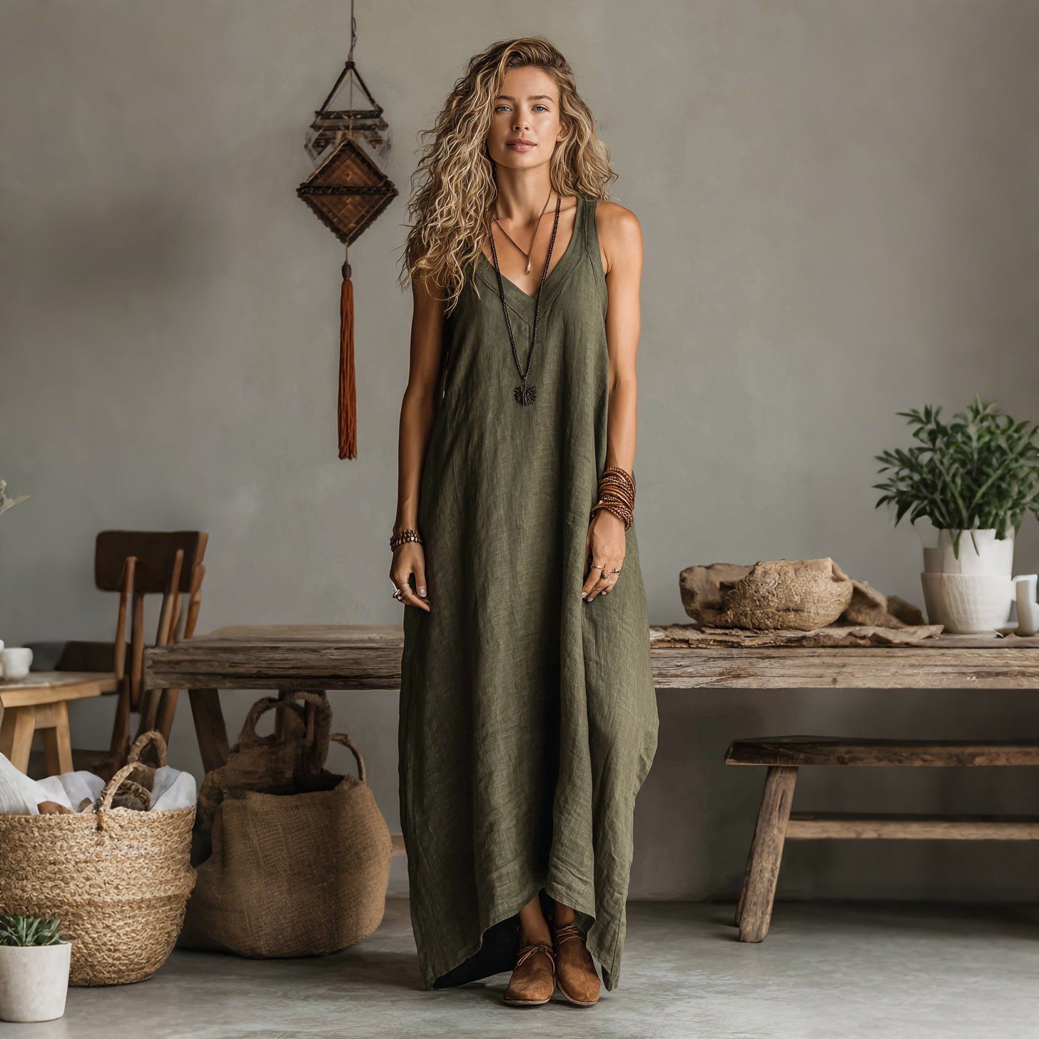 Retro Casual Loose Cotton And Linen Suspender Long Skirt Fashionable Large Silhouette Suspender Dress Home Comfortable L