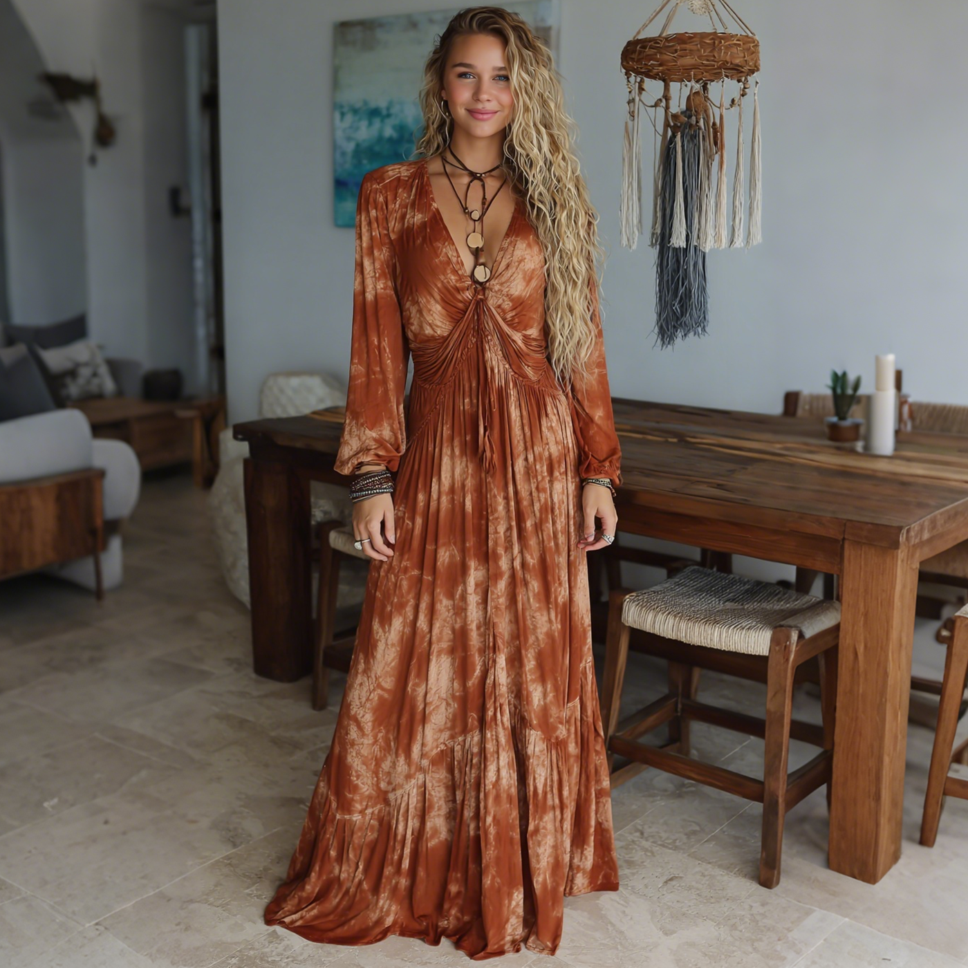 Elegant Tie-dye Printed Long-sleeved Dress