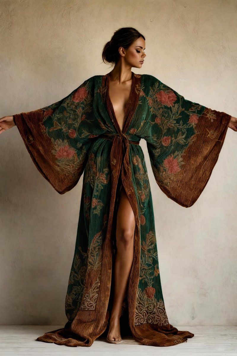 Abstract Art Print Kimono Long Gown Autumn and Winter Robe With Belt