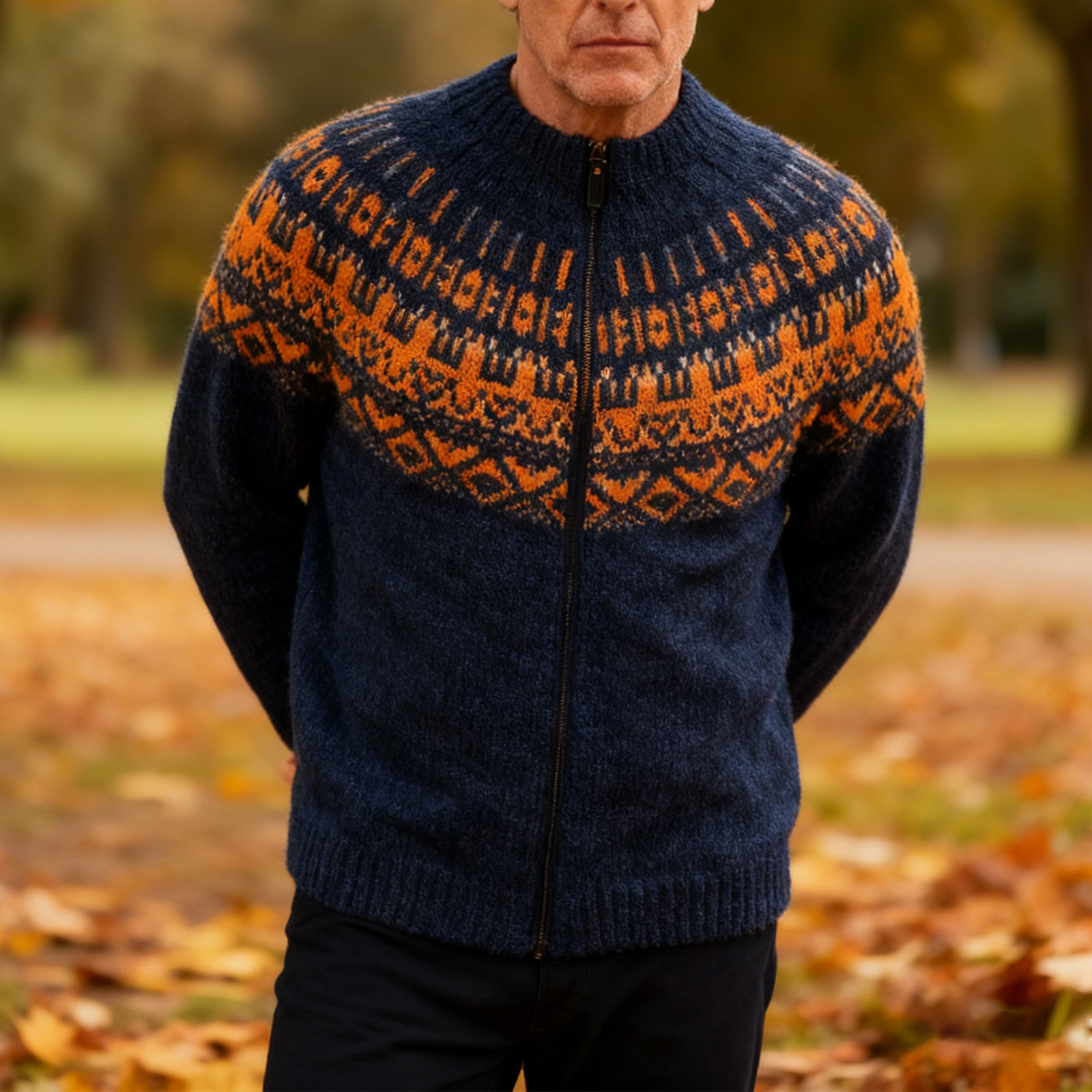 Vintage Warmth Norwool Icelandic Knit Jacquard Half Zip Collar Sweater