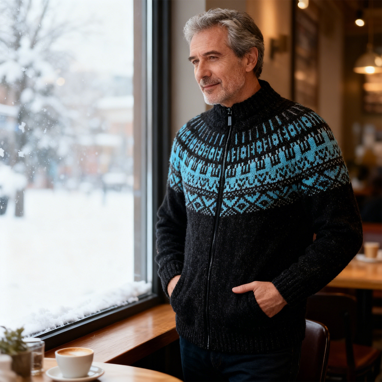 Vintage Warmth Norwool Icelandic Knit Jacquard Half Zip Collar Sweater