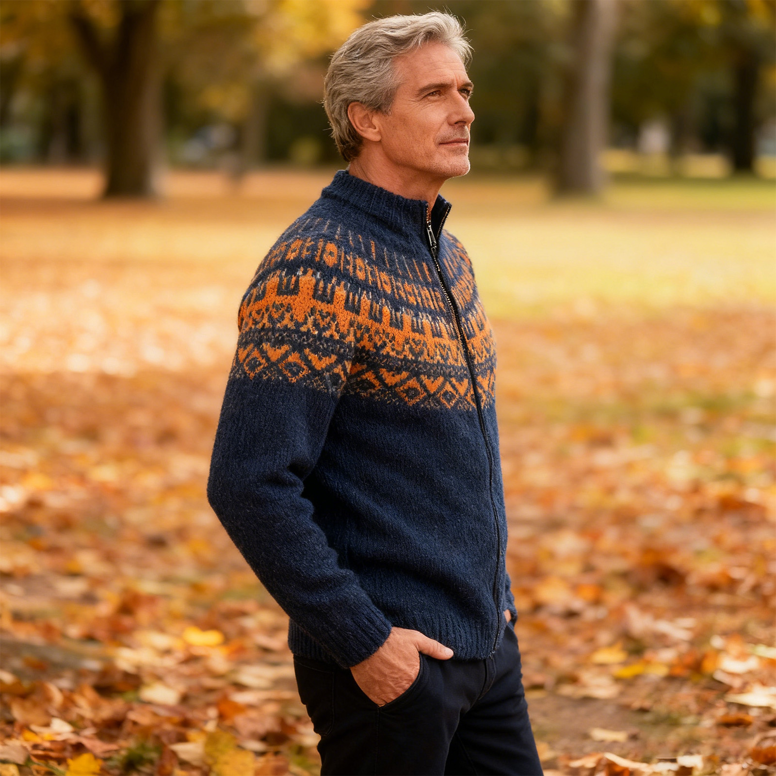 Vintage Warmth Norwool Icelandic Knit Jacquard Half Zip Collar Sweater