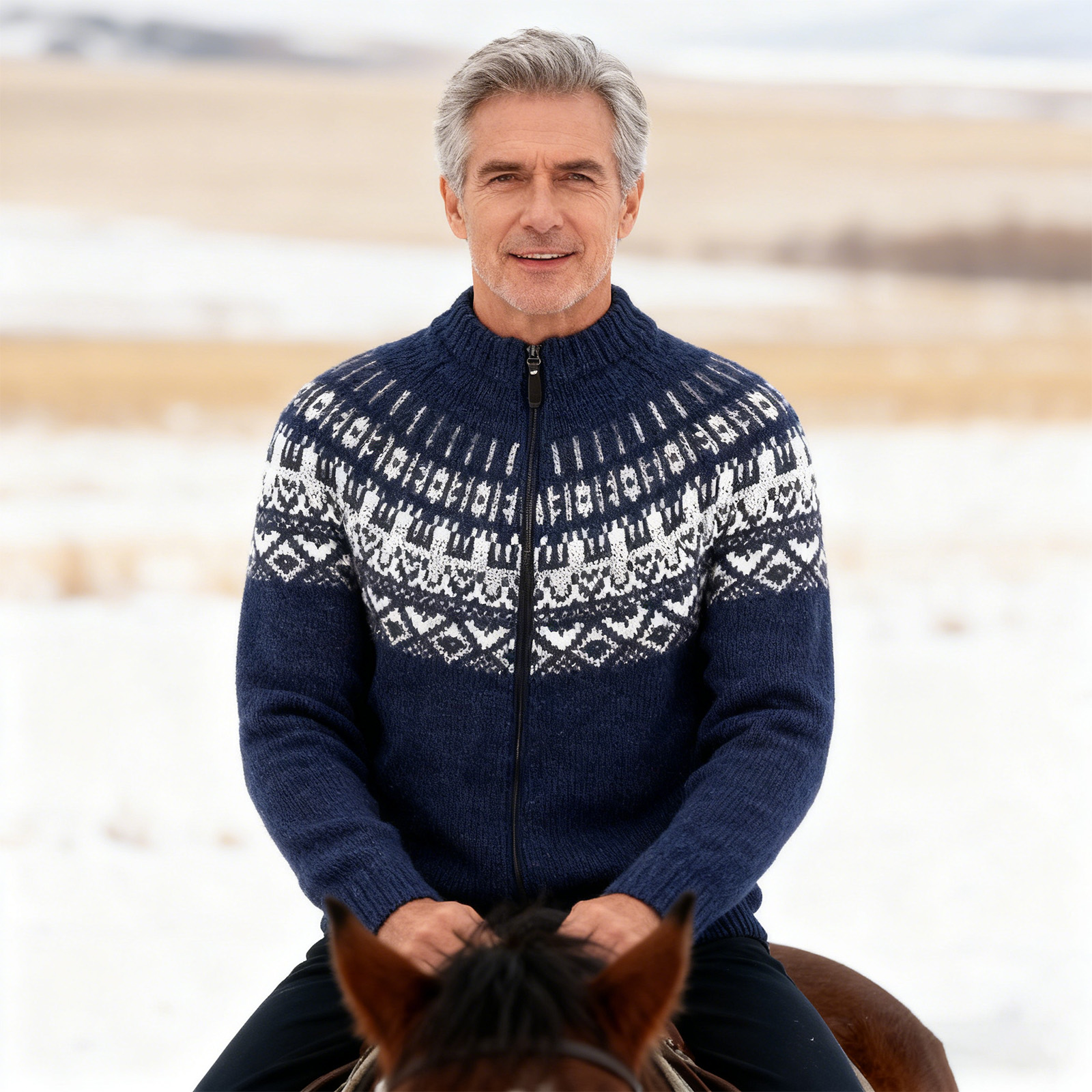 Vintage Warmth Norwool Icelandic Knit Jacquard Half Zip Collar Sweater