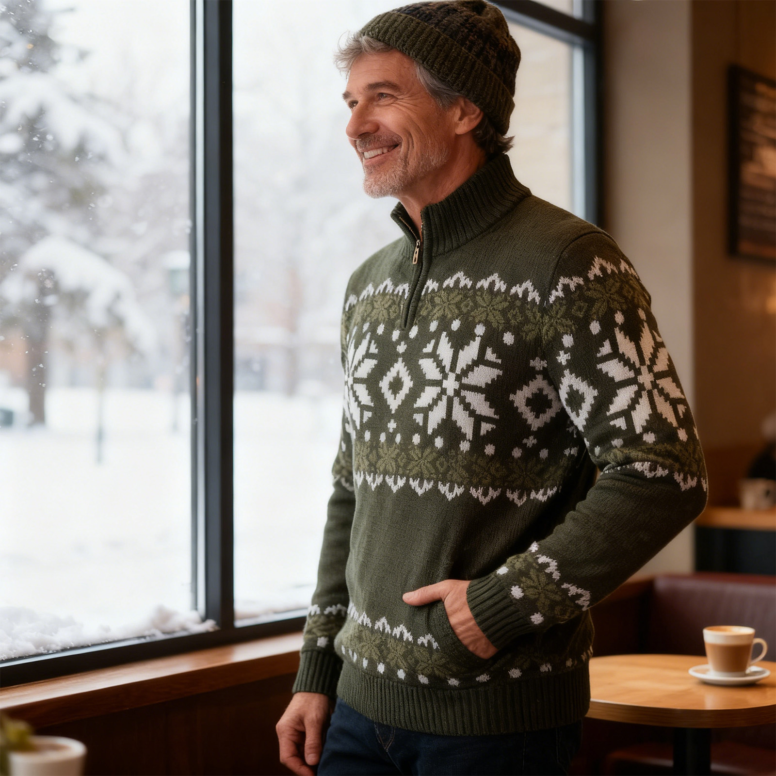 Vintage Warmth Norwool Knit Jacquard Icelandic Half Zip Collar Sweater