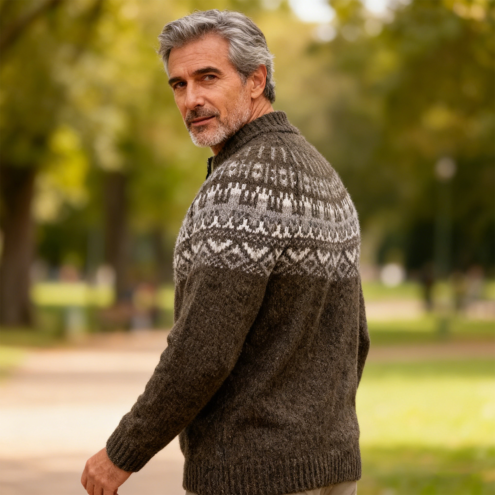 Vintage Warmth Norwool Icelandic Knit Jacquard Half Zip Collar Sweater