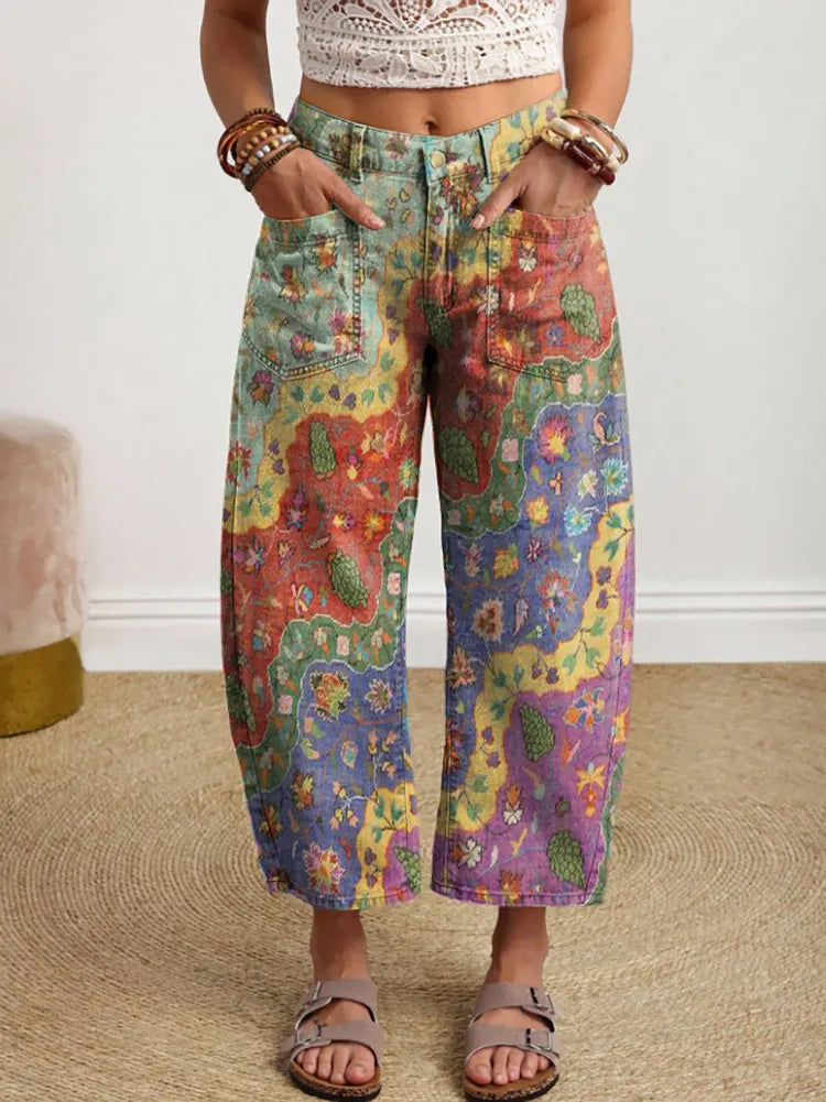 Women's Retro Colorful Floral Wave Art Print Casual Pocket Cotton Pants