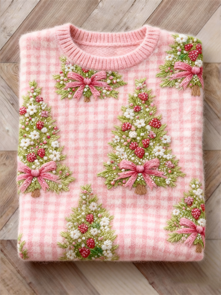 Cottage Berry Floral Christmas Tree Check Cozy Sweater